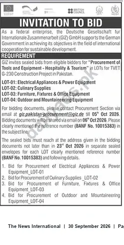 Newspaper clipping: GIZ Pakistan Invitation to Bid — Procurement of Tools & Equipment (TVET G-230) — BANF No. 10015383, The News International, 30 Sep 2026
