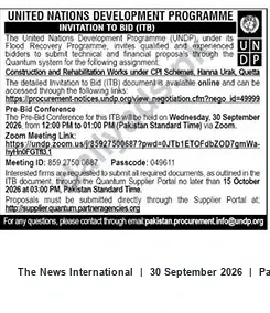 Newspaper clipping: UNDP Pakistan ITB: Construction and Rehabilitation Works under CP1 Schemes (Flood Recovery), The News International, 30 Sep 2026