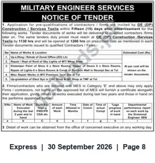 Newspaper clipping: MES Tender: Pre-qualification of Contractors for Construction & Maintenance Works at Taxila, Express, 30 Sep 2026