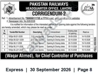 Newspaper clipping: Pakistan Railways Corrigendum — Amended Tender Opening Dates (Oct 2026), Express, 30 Sep 2026