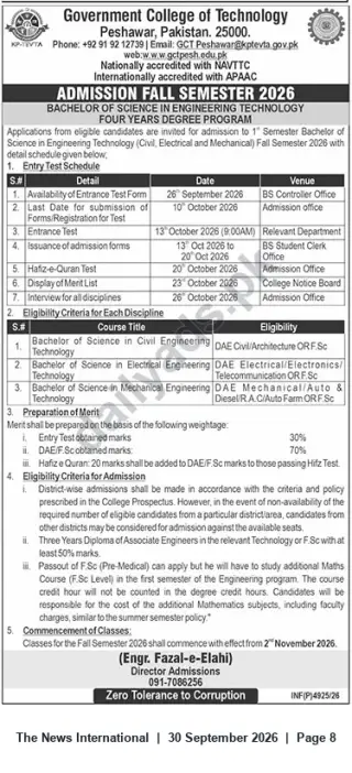 Newspaper clipping: GCT Peshawar — Admission Fall Semester 2026 for BSc in Engineering Technology (4-Year DAE-to-BSc), The News International, 30 Sep 2026