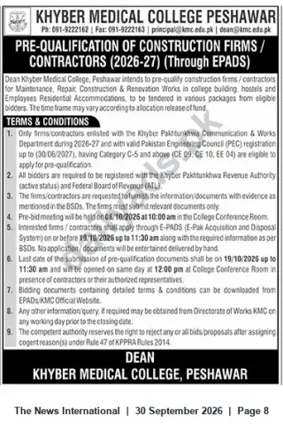Newspaper clipping: Pre-Qualification Notice for Construction Firms — Khyber Medical College Peshawar (2026–27), The News International, 30 Sep 2026