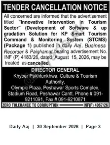 Newspaper clipping: Tender Cancelled: "Innovative Intervention in Tourism Sector" — KP Culture & Tourism Authority, Daily Aaj, 30 Sep 2026