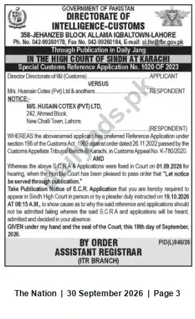 Newspaper clipping: High Court of Sindh Notice: Special Customs Reference No. 1020/2023 — Appearance by 2026-10-19, The Nation, 30 Sep 2026