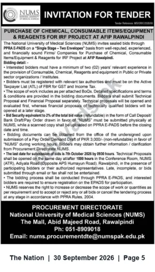 Newspaper clipping: NUMS Tender: Chemicals, Consumables, Equipment & Reagents for IRF Project at AFIP Rawalpindi, The Nation, 30 Sep 2026