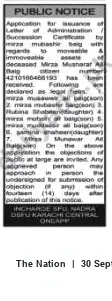 Newspaper clipping: Succession Certificate Application: Deceased Mirza Musharaf Ali (CNIC 4210168466193), The Nation, 30 Sep 2026