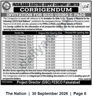 Newspaper clipping: FESCO Corrigendum: Revised Bid Opening Dates for Supply of Materials for 132 kV Grid Stations, The Nation, 30 Sep 2026