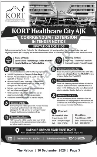 Newspaper clipping: Tender: Lower Ground Floor Drainage System Works — KORT Healthcare City AJK (Mirpur) — Submit by 2026-10-12, The Nation, 30 Sep 2026