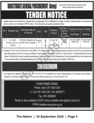 Newspaper clipping: DG Procurement (Army) Rawalpindi Tender for Indigenous Wheat (CFM No‑6, Quetta) – Oct 2026, The Nation, 30 Sep 2026