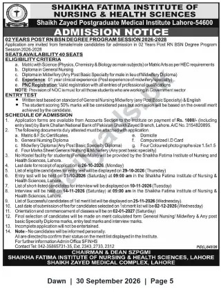 Newspaper clipping: Admission Open: 2‑Year Post RN BSN Degree (Session 2026–2028) — Shaikha Fatima Institute, Lahore, Dawn, 30 Sep 2026