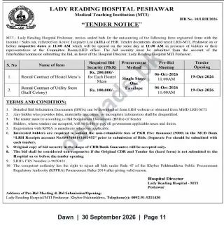 Newspaper clipping: Lady Reading Hospital Peshawar — Tender Notice for Rental Contracts (Hostel Mess & Utility Store), Dawn, 30 Sep 2026