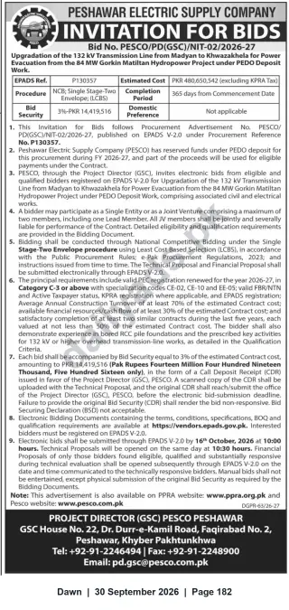 Newspaper clipping: PESCO Invitation for Bids — Upgradation of 132 kV Transmission Line (Madyan to Khwazakhela) — Bid No. PESCO/PD(GSC)/NIT-02/2026-27, Dawn, 30 Sep 2026