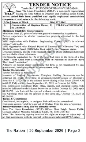 Newspaper clipping: STLF Tender — Construction of Orphan Home in Umerkot (STLF/CON/ORPHAN-HOUSE/2026/01), The Nation, 30 Sep 2026