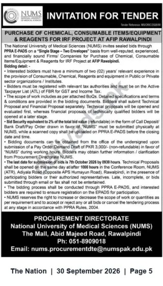 Newspaper clipping: NUMS Invitation for Tender — Chemicals, Consumables & Reagents for IRF Project at AFIP Rawalpindi, The Nation, 30 Sep 2026