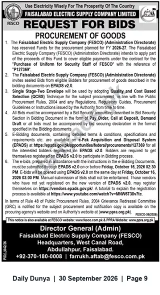 Newspaper clipping: FESCO Tender: Purchase of Uniforms for Security Staff (Ref P-127369) — Bids Due 2026-10-16, Dunya, 30 Sep 2026