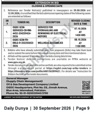 Newspaper clipping: OGDC: Tender Closing Dates Extended for Motor Overhauling and Wellhead Assemblies (Oct 2026), Dunya, 30 Sep 2026
