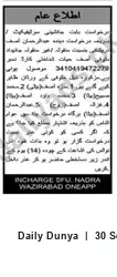 Newspaper clipping: Public Notice: Application Concerning Movable/Immovable Estate — CNIC 34904-1947227-9, Dunya, 30 Sep 2026