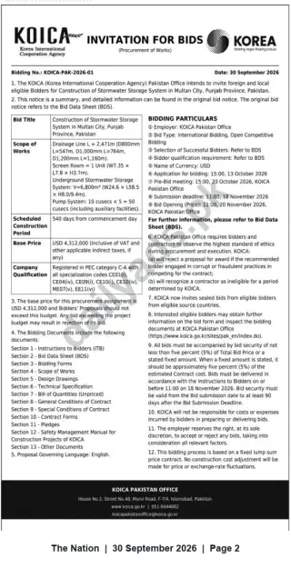 Newspaper clipping: KOICA Invitation for Bids — Stormwater Storage System, Multan City, Punjab, The Nation, 30 Sep 2026