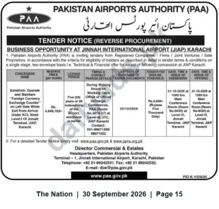 Newspaper clipping: PAA Tender: Foreign Currency Exchange Concession at Jinnah International Airport Karachi, The Nation, 30 Sep 2026