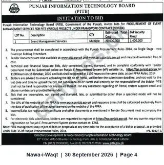 Newspaper clipping: PITB Invitation to Bid for Event Management Services (Framework Contract NDP-04), Nawa-i-Waqt, 30 Sep 2026