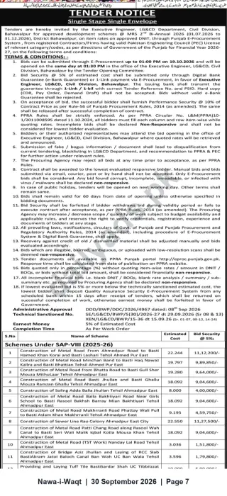 Newspaper clipping: Tender Notice — Executive Engineer LG&CD Civil Division Bahawalpur for Development Schemes (SAP-VIII) — Bids due 2026-10-19, Nawa-i-Waqt, 30 Sep 2026