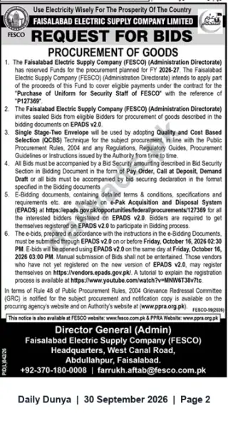 Newspaper clipping: FESCO Invitation to Bid: Purchase of Uniforms for Security Staff (EPADS Ref P-127369), Dunya, 30 Sep 2026
