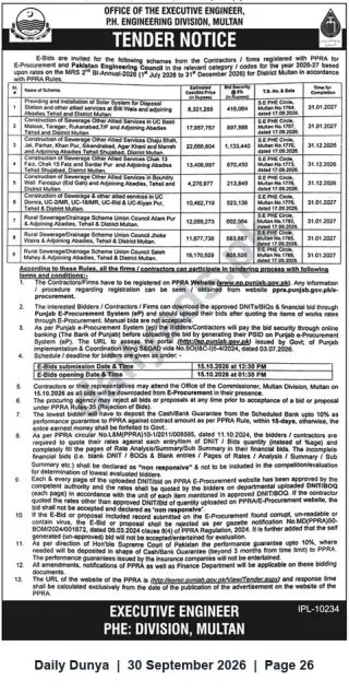Newspaper clipping: PHE Division Multan — E‑Bid Tender Notice for Multiple Water, Sewerage & Drainage Schemes, Dunya, 30 Sep 2026