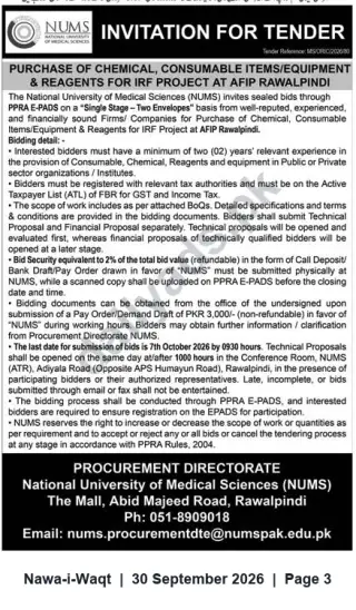 Newspaper clipping: NUMS Invitation for Tender: Chemicals, Consumables & Reagents for IRF Project at AFIP Rawalpindi, Nawa-i-Waqt, 30 Sep 2026
