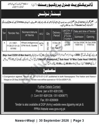Newspaper clipping: DGP (Army) Tender: Supply of Indigenous Wheat (CFM No-6, Quetta) — Submission 2026-10-16, Nawa-i-Waqt, 30 Sep 2026