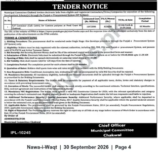 Newspaper clipping: Municipal Committee Chakwal Tender for Cafe Cabin (Container) at Food Court, Nawa-i-Waqt, 30 Sep 2026