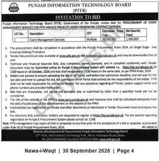 Newspaper clipping: PITB Tender for Event Management Services Framework Contract (NDP-04), Nawa-i-Waqt, 30 Sep 2026