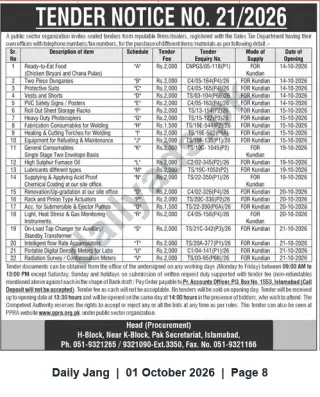Newspaper clipping: Tender Notice No. 21/2026 — Supply of Various Items (Pak Secretariat, Islamabad), Jang, 01 Oct 2026