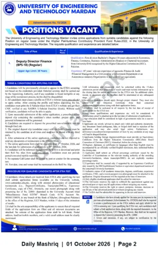 Newspaper clipping: UET Mardan — Deputy Director Finance (BPS-18), 1 Vacancy, Daily Mashriq, 01 Oct 2026