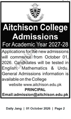 Newspaper clipping: Aitchison College Admissions 2027-28 — Applications Open from October 01, 2026, Jang, 01 Oct 2026