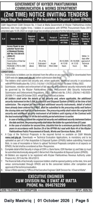 Newspaper clipping: Tender: Access Roads to New Tourist Sites, Malakand Division (C&W Division No. II, Swat at Matta), Daily Mashriq, 01 Oct 2026