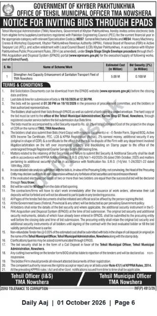 Newspaper clipping: TMA Nowshera e-Procurement: Strengthening Sanitation Transport Fleet — Invitation to Bid, Daily Aaj, 01 Oct 2026