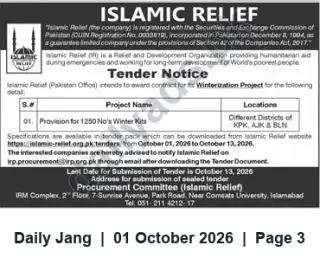 Newspaper clipping: Islamic Relief Pakistan Tender: Provision of 1,250 Winter Kits (KPK, AJK & BLN), Jang, 01 Oct 2026