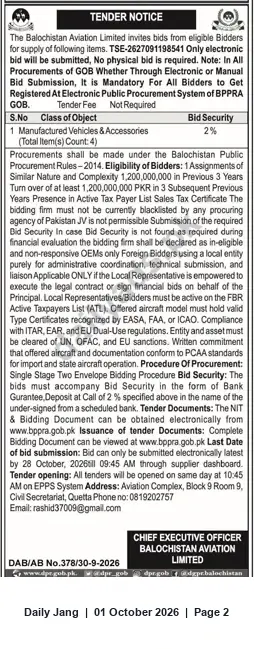 Newspaper clipping: Tender for Supply of Manufactured Vehicles & Accessories — Balochistan Aviation Limited, Jang, 01 Oct 2026