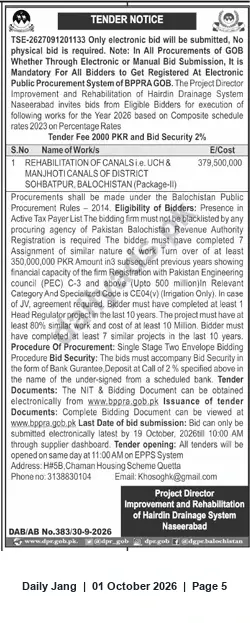 Newspaper clipping: Tender: Rehabilitation of Uch & Manjhto Canals, Sohbatpur (Balochistan), Jang, 01 Oct 2026
