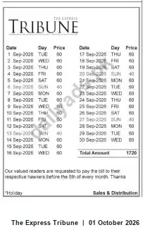 Newspaper clipping: THE KAPSESS TRIBUNE — September Daily Prices & Reader Payment Notice, The Express Tribune, 01 Oct 2026