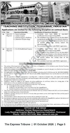 Newspaper clipping: Specialist Contract Vacancies — Lady Reading Hospital, Peshawar, The Express Tribune, 01 Oct 2026