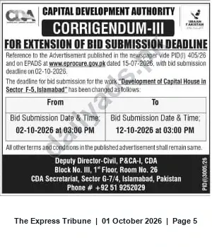 Newspaper clipping: CDA Corrigendum III — Bid Deadline Extended for Development of Capital House, Sector F-5 Islamabad, The Express Tribune, 01 Oct 2026