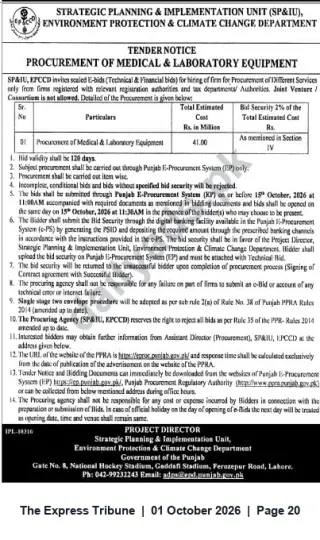 Newspaper clipping: Tender for Procurement of Medical & Laboratory Equipment — Environment Protection & Climate Change Dept., Punjab, The Express Tribune, 01 Oct 2026