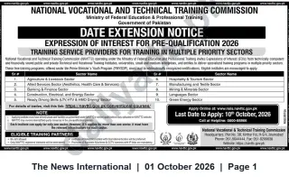 Newspaper clipping: NAVTTC EoI — Pre‑Qualification 2026 for Training Service Providers (Apply by 2026-10-10), The News International, 01 Oct 2026