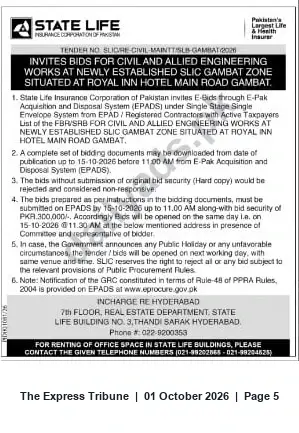 Newspaper clipping: State Life Tender: Civil & Allied Engineering Works for Newly Established SLIC Gambat Zone (2026), The Express Tribune, 01 Oct 2026