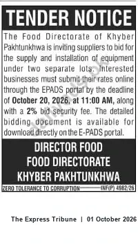 Newspaper clipping: Tender: Supply & Installation of Equipment (2 Lots) — Food Directorate, Khyber Pakhtunkhwa, The Express Tribune, 01 Oct 2026
