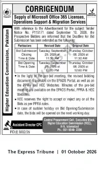 Newspaper clipping: Corrigendum — HEC Tender P115171: Microsoft Office 365 Licenses, Support & Migration (Deadline 2026-10-08), The Express Tribune, 01 Oct 2026