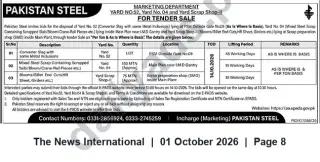 Newspaper clipping: Pakistan Steel Tender Sale – Disposal of Yard Scrap (Bids due 2026-10-14), The News International, 01 Oct 2026