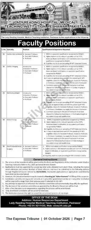 Newspaper clipping: Faculty Positions — Lady Reading Hospital (Medical Teaching Institution), Peshawar, The Express Tribune, 01 Oct 2026