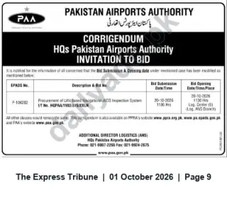 Newspaper clipping: Corrigendum — Invitation to Bid: UAV-based Navigational Aids Inspection System (EPADS P-106282), The Express Tribune, 01 Oct 2026